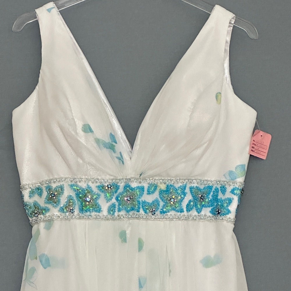 VTG Tony Bowls Le Gala Woman Dress 14 White Blue Floral Beaded Ethereal Romantic - Picture 2 of 16